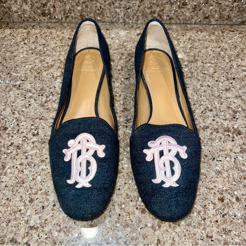 Tory Burch Black Felt Flats with Pink Logo